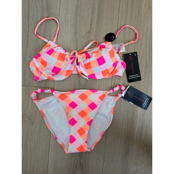 No Boundaries Pink & Orange Checkered Bikini NWT Small 3-5 - Picture 2 of 7